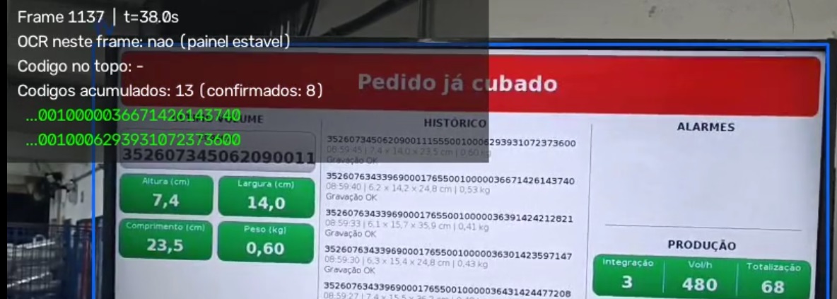 OCR lendo código de volume em esteira de separação logística em tempo real